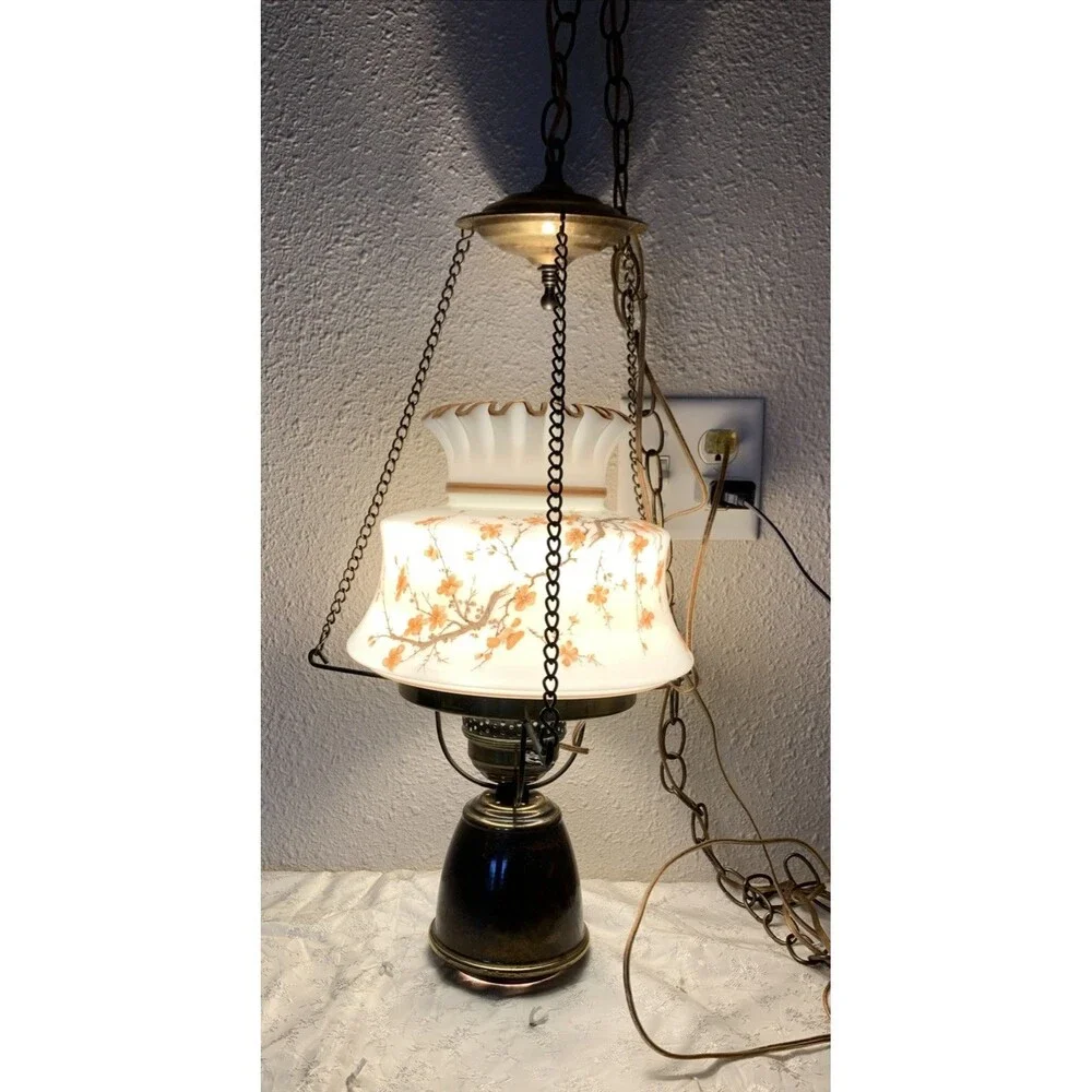 Vintage Hurricane Swag Lamp Floral Milk Glass Country Cottage Portable Hanging